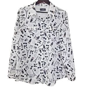 Karl Lagerfeld Paris Cat Print Button Up Shirt Pink Accents Roll Tab Sleeve L Fi